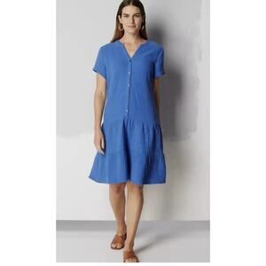 J Jill Gauze Tiered Drop Waist Dress Blue XL Petite Lightweight Button Front